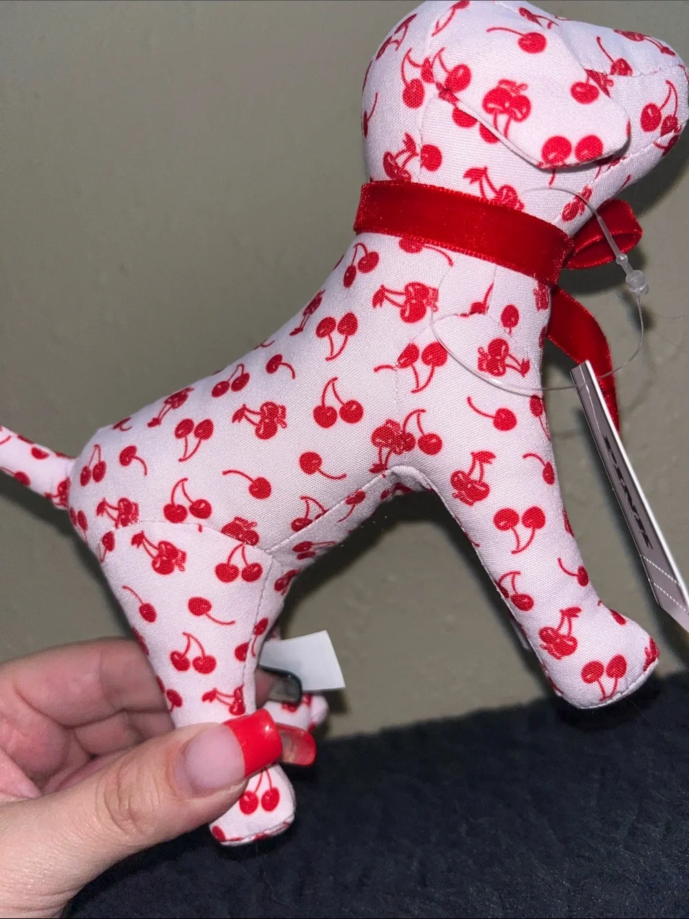 PINK Victoria's Secret Pink & Red Cherry-Print Plush Dog Figurine
